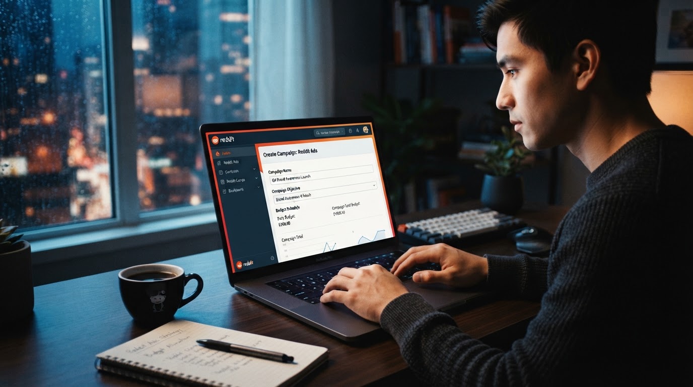 Reddit Ads Manager dashboard on a laptop screen showing campaign objectives and budget fields, moder