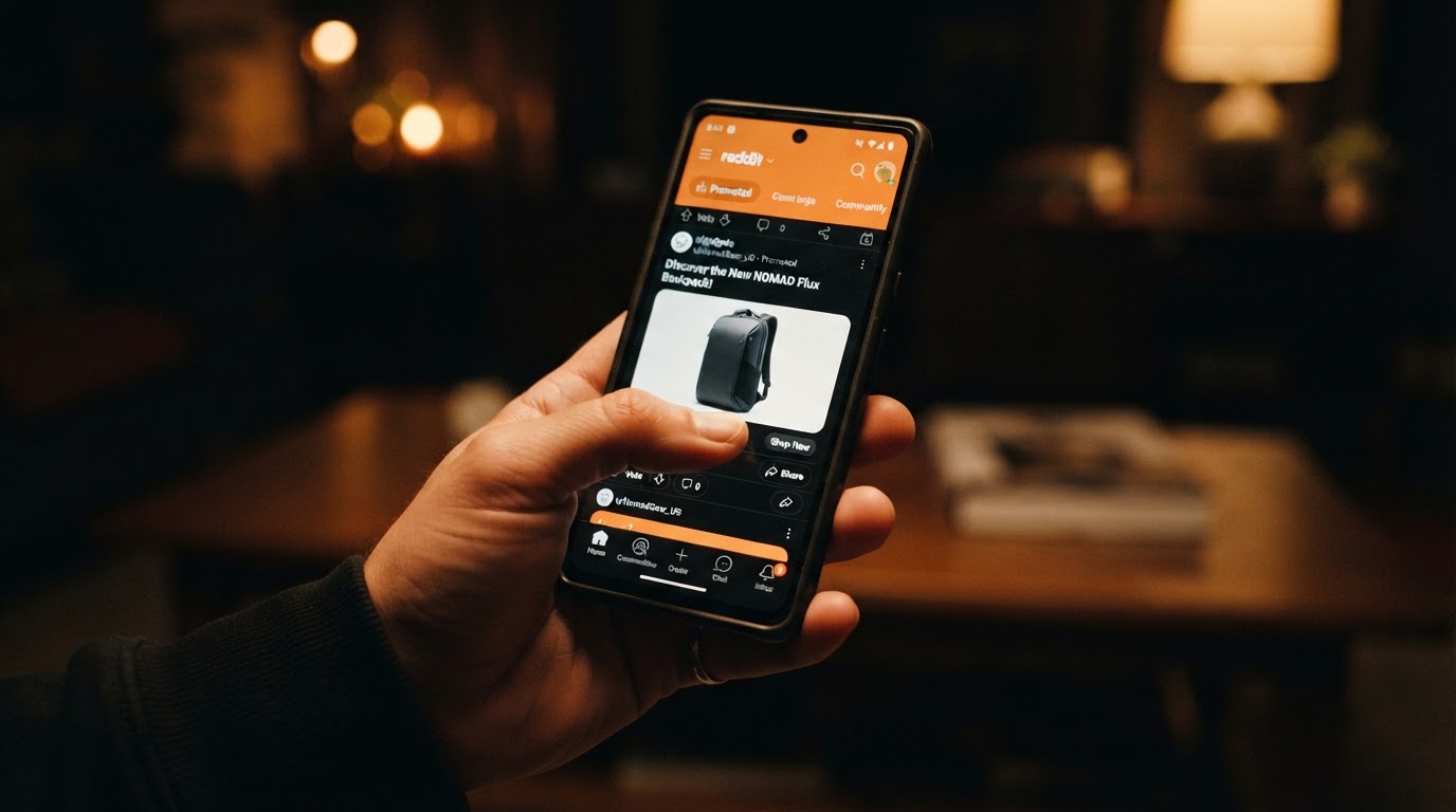 Smartphone displaying a Reddit feed with a post labeled 'Promoted' next to a company name, thumb abo