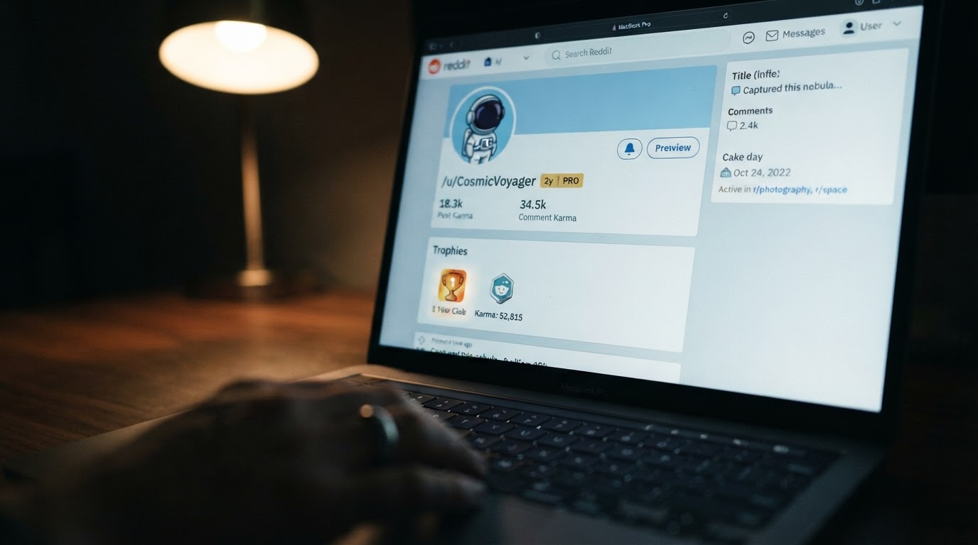 Close-up of a Reddit user profile page on a laptop screen showing a karma number and a small trophy