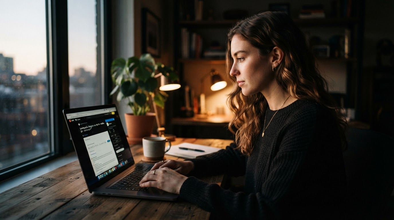 Person at a desk composing a Reddit post on a laptop screen showing a post editor with title field a