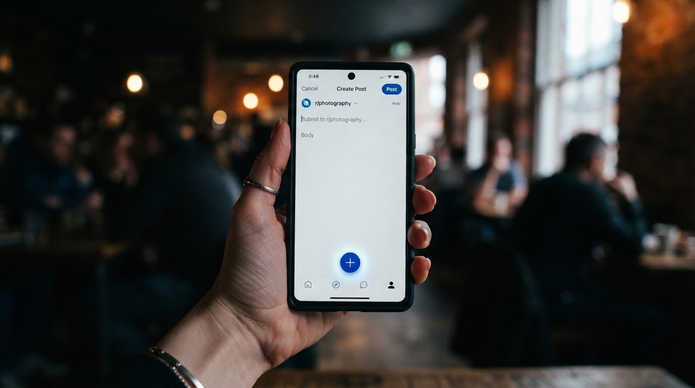 Close-up of a smartphone held in hand showing the Reddit app create post screen with a plus icon hig
