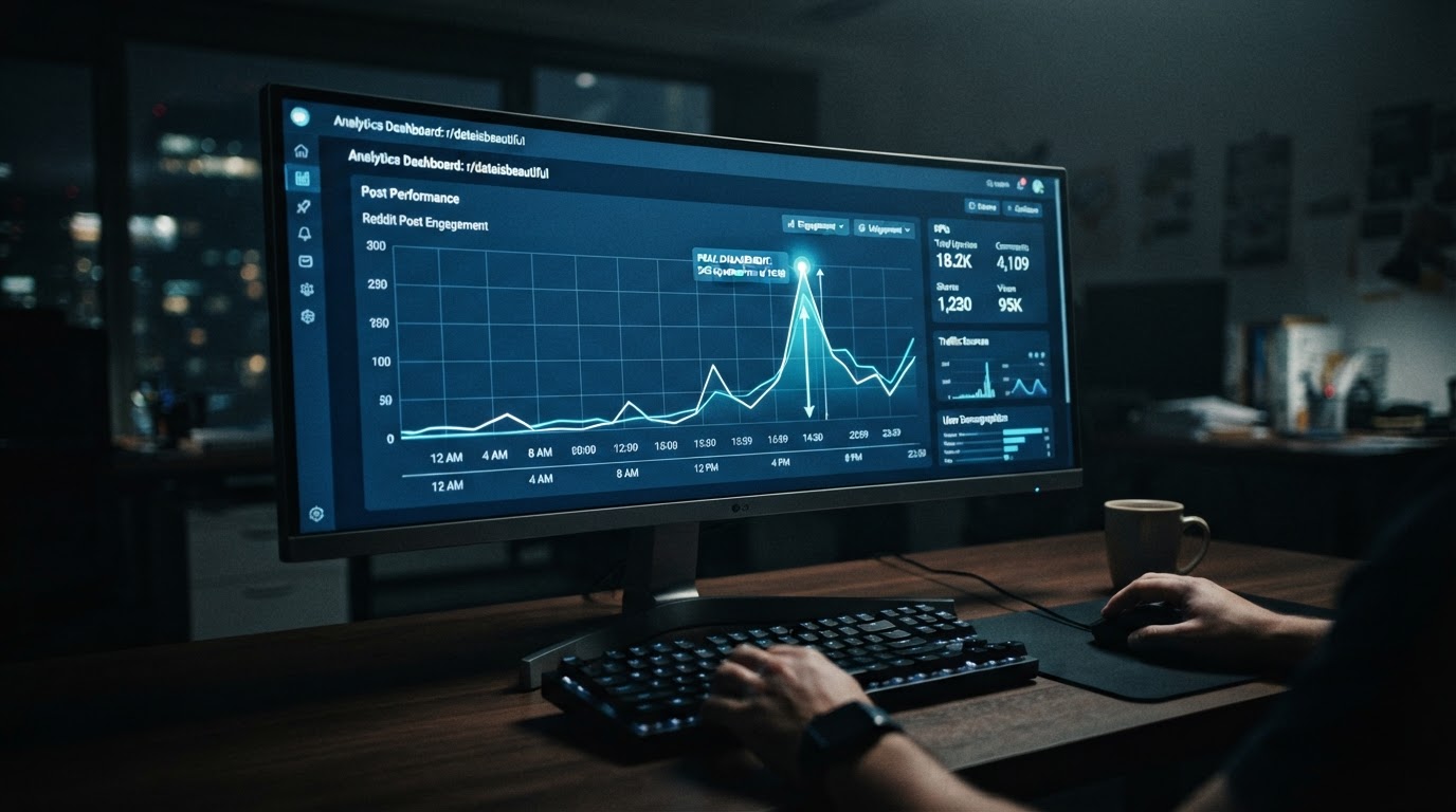 Clean analytics style dashboard on a monitor showing a line graph of Reddit post engagement over 24 