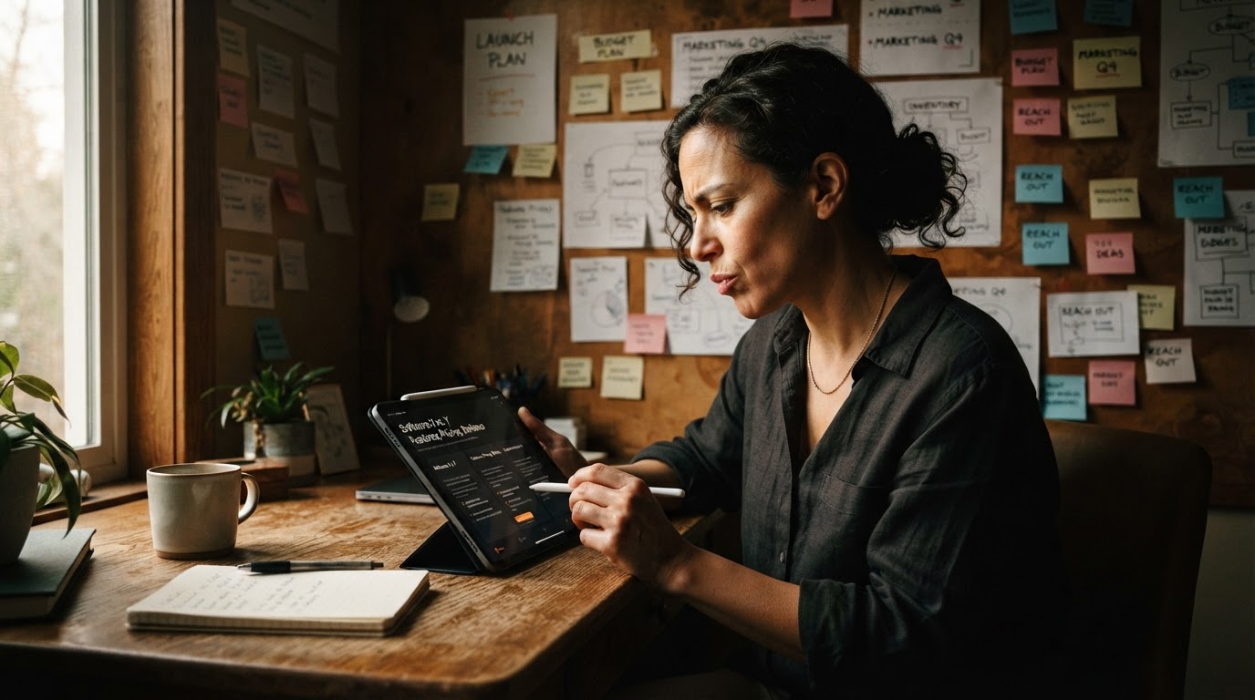 Small business owner at a wooden desk comparing software options on a tablet, sticky notes on wall b