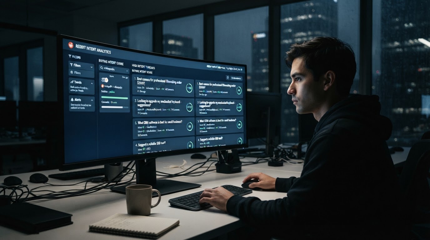 Clean analytics dashboard on a monitor showing Reddit thread cards ranked by buying intent score, co