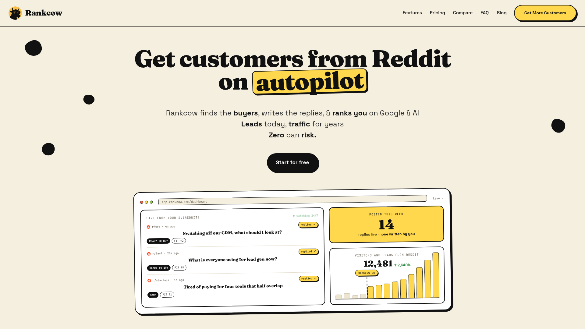 RankCow homepage: get customers from Reddit on autopilot