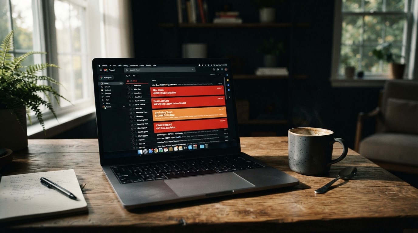 A laptop showing a plain email inbox with several keyword alert notifications, coffee mug beside it,