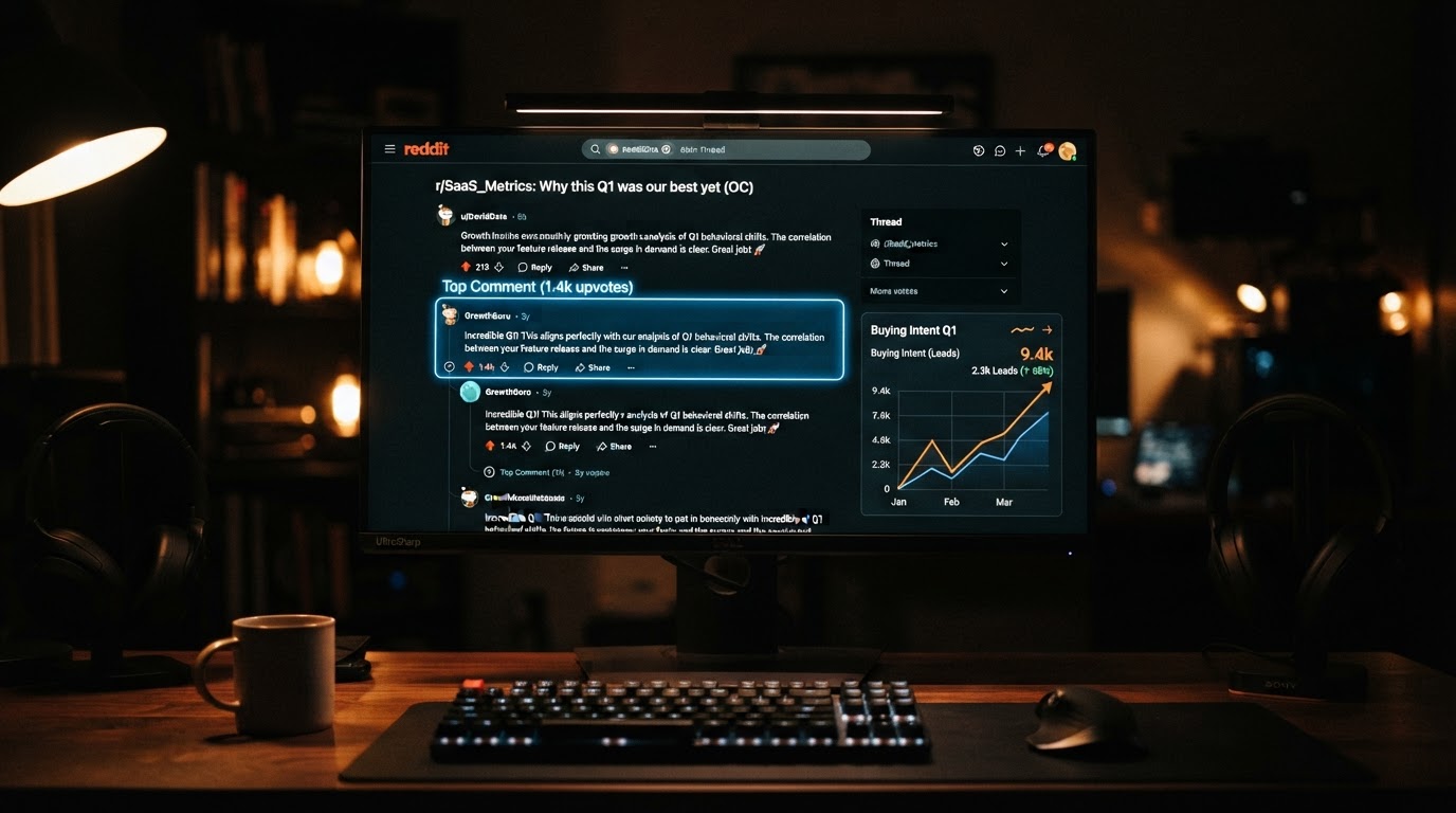 A Reddit-style thread on a monitor with a highlighted top comment and a small chart labeled 'Buying