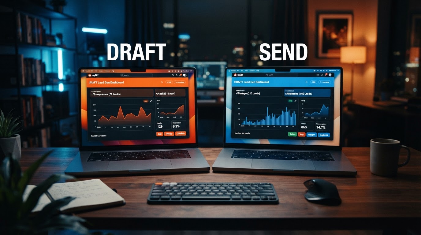 Split-screen comparison of two Reddit lead generation dashboards on laptop screens, one labeled draf