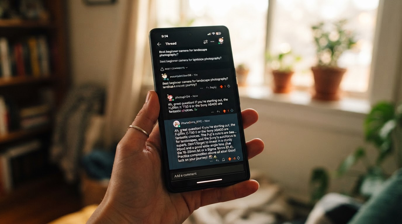 Close-up of a Reddit thread on a smartphone showing a helpful reply appearing in real time, warm nat