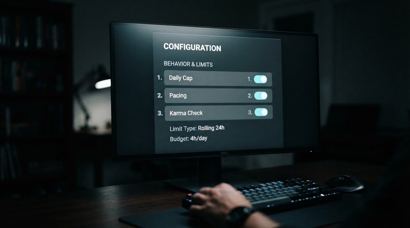 Clean settings panel on a monitor showing toggles labeled daily cap, pacing and karma check, minimal