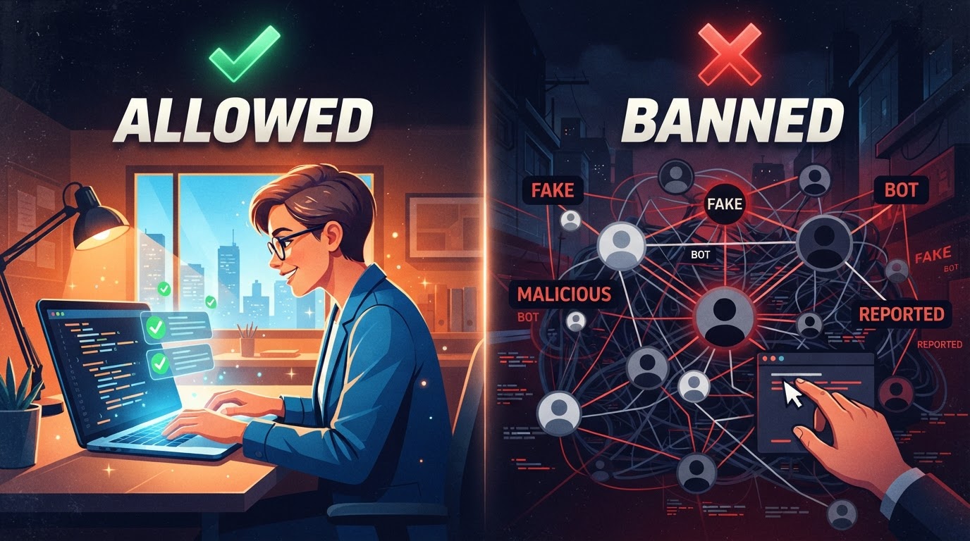 Split-screen concept illustration, one side green checkmark labeled 'Allowed' with a person typing o