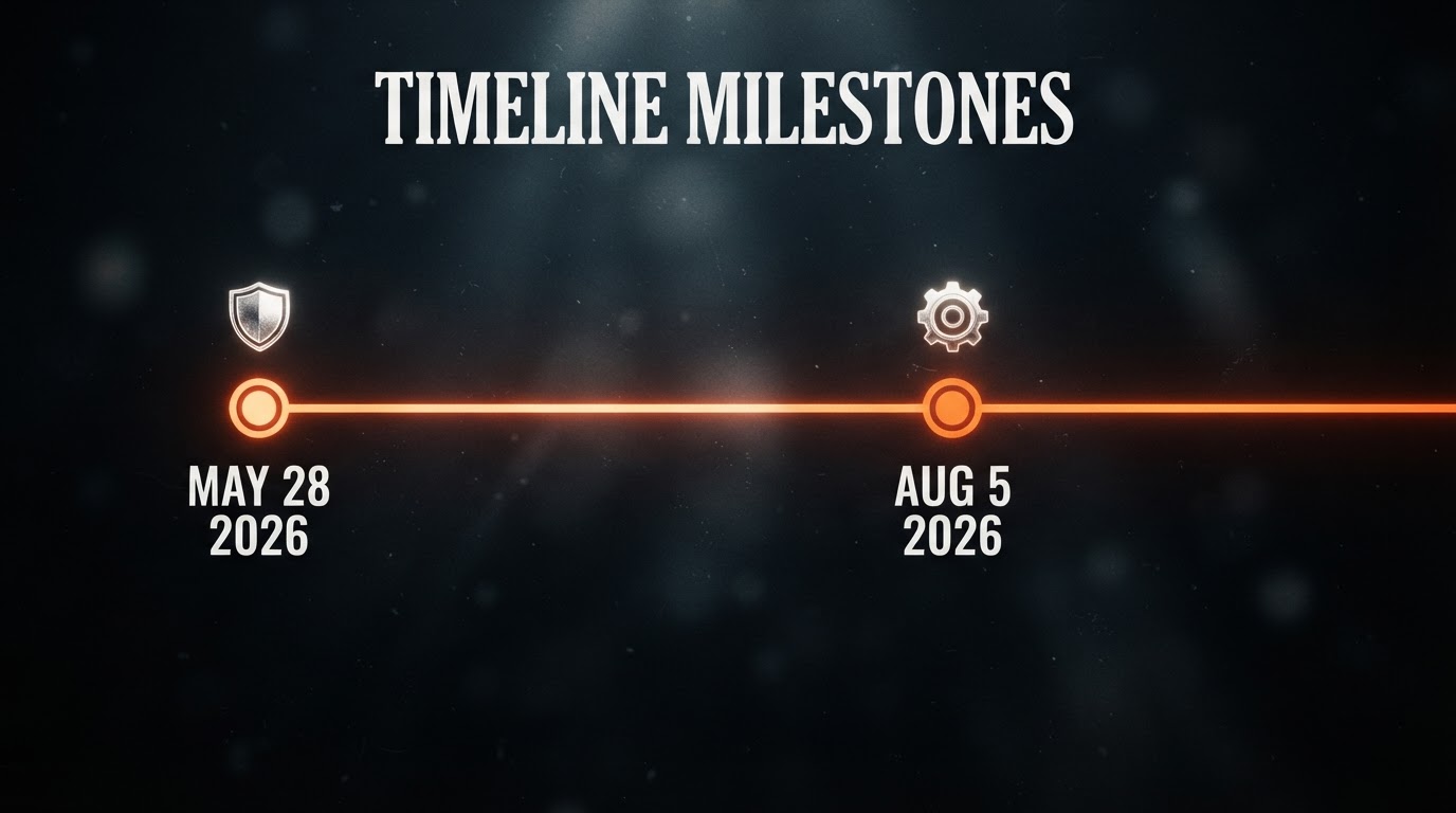 Timeline graphic showing two milestone markers labeled 'May 28 2026' and 'August 5 2026' on a horizo