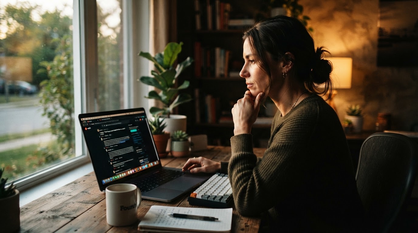Founder at a desk reviewing a Reddit reply on screen with a browser extension icon visible in the co