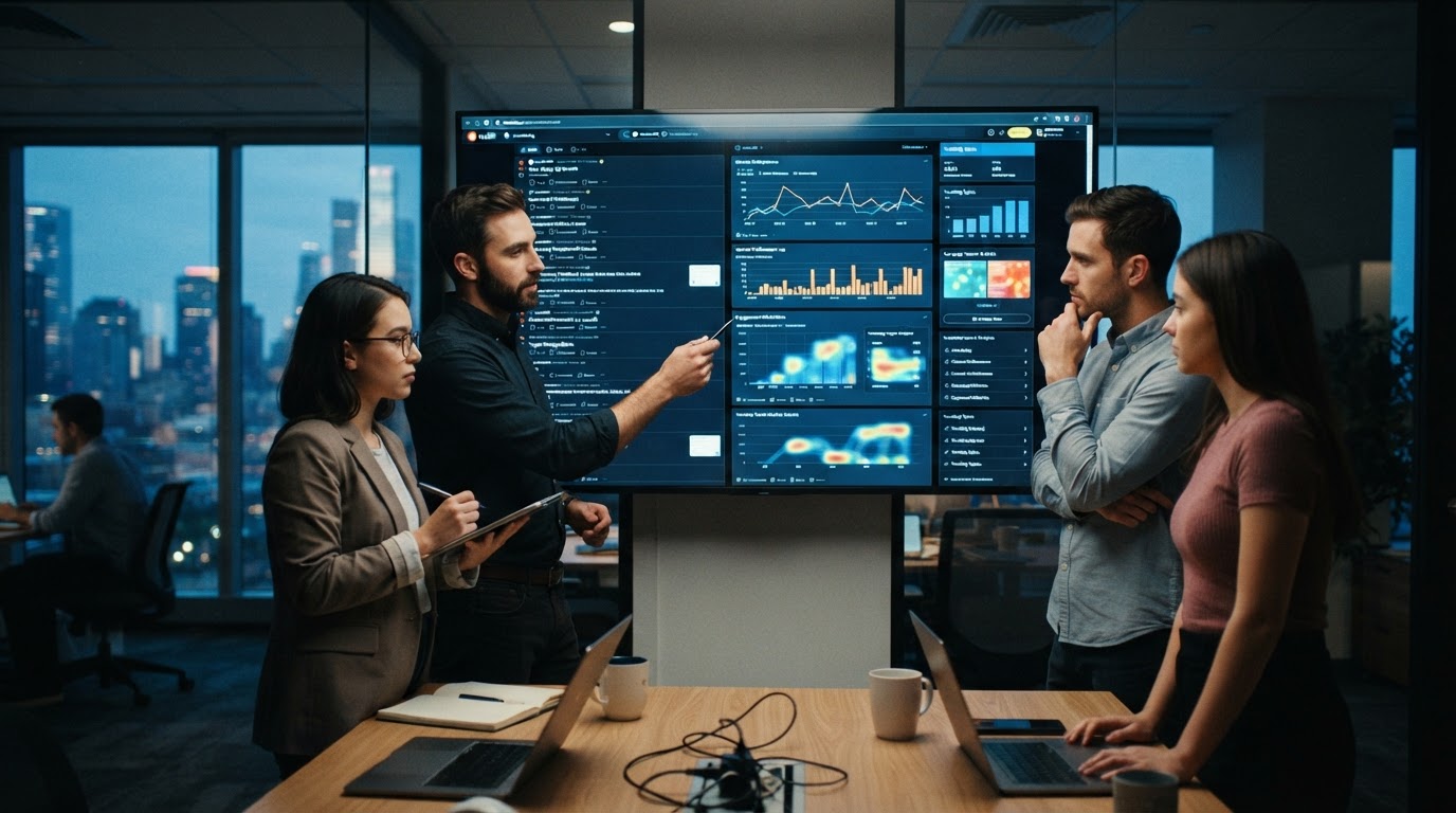Marketing team reviewing Reddit strategy on a large wall monitor covered in subreddit threads and ch