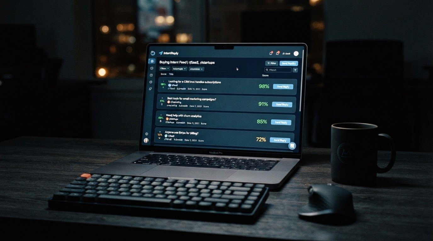 Clean SaaS dashboard on a laptop screen showing a list of Reddit posts scored by buying intent with