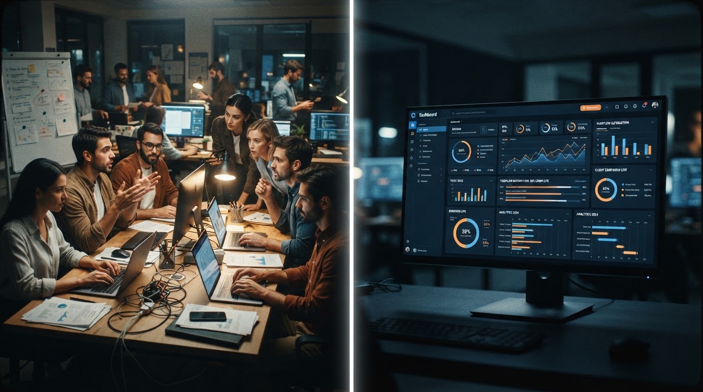 Split-screen concept showing a busy agency team on one side and a single automated software dashboar