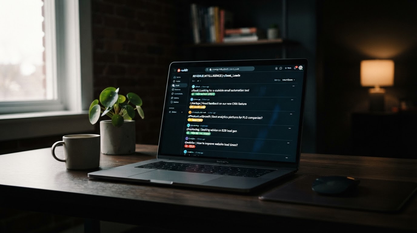 Clean SaaS dashboard on a laptop screen showing a Reddit feed with colored buying-intent scores next