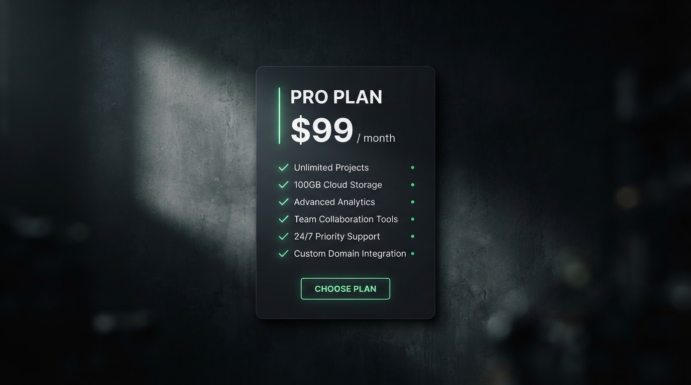 A single pricing card on a website showing text '$99 / month' with a checklist of features below it,