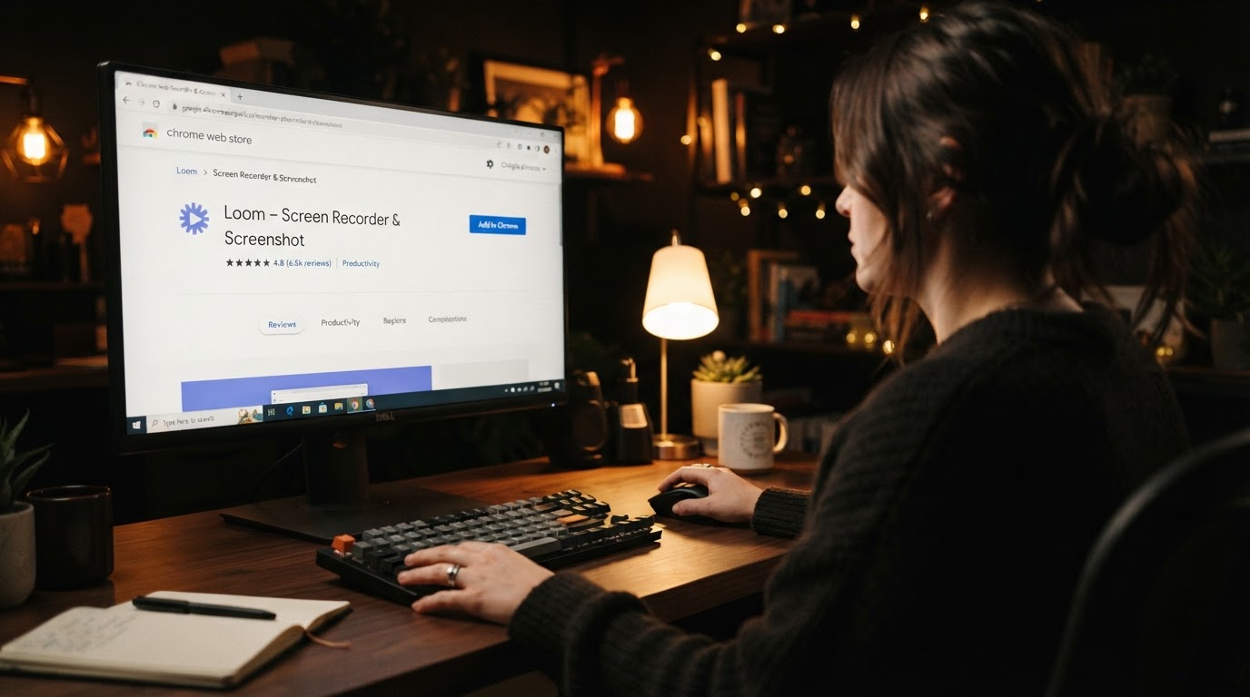 Person at a desk reviewing a Chrome Web Store extension listing on a monitor, browser window with st
