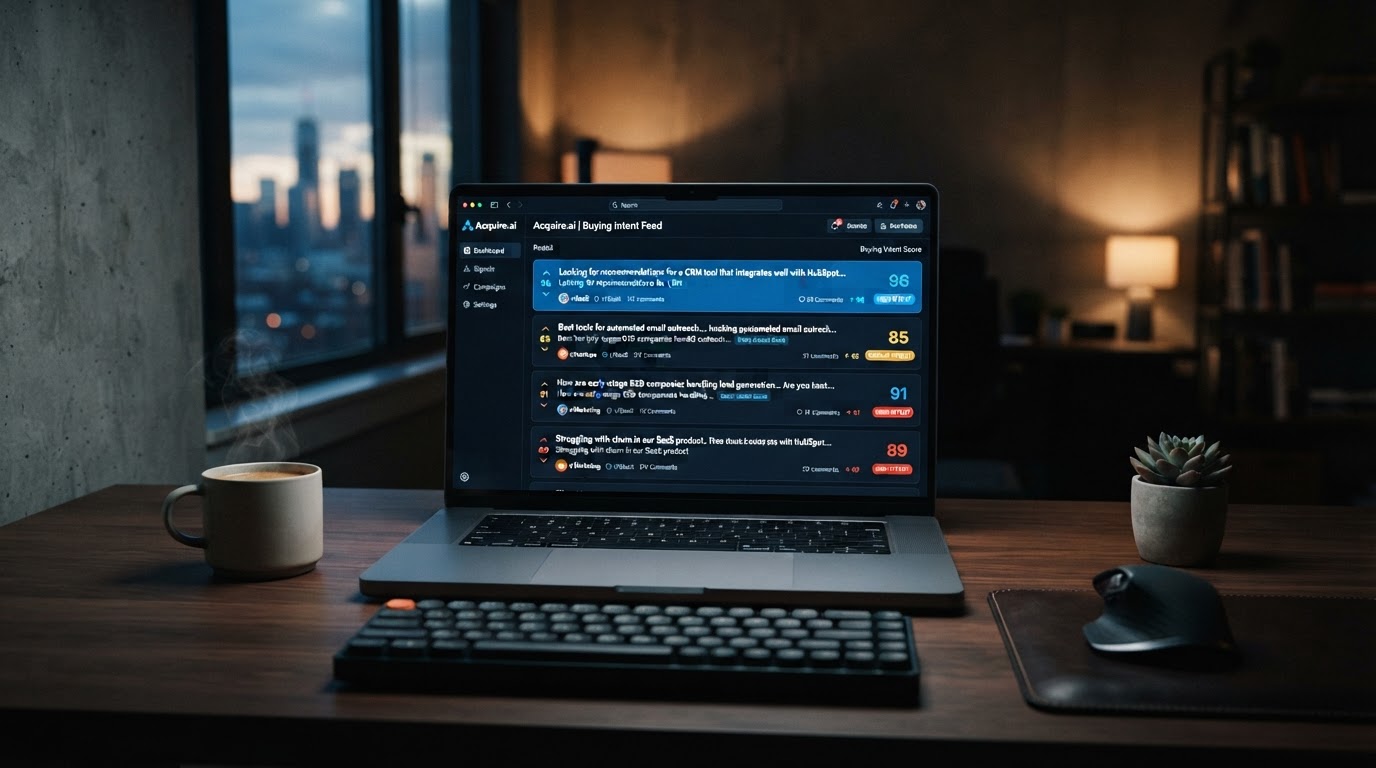 Clean SaaS dashboard on a laptop screen showing a ranked feed of Reddit posts with colored buying-in