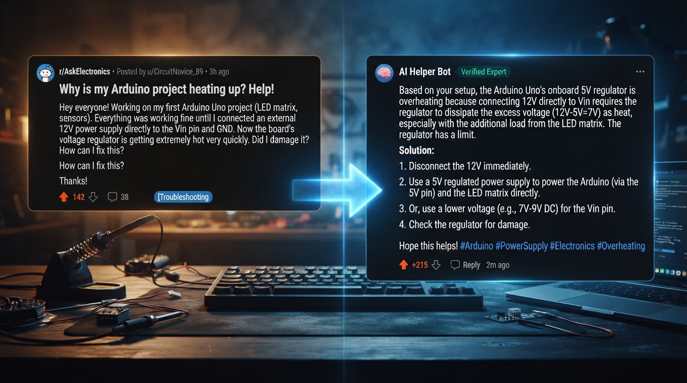 Split-screen concept of a Reddit-style question post on the left and an AI-drafted helpful reply on
