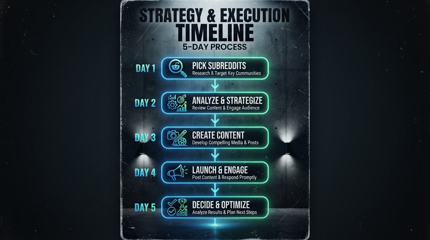 A simple five-day timeline graphic with labeled steps from pick subreddits to decide, clean flat des