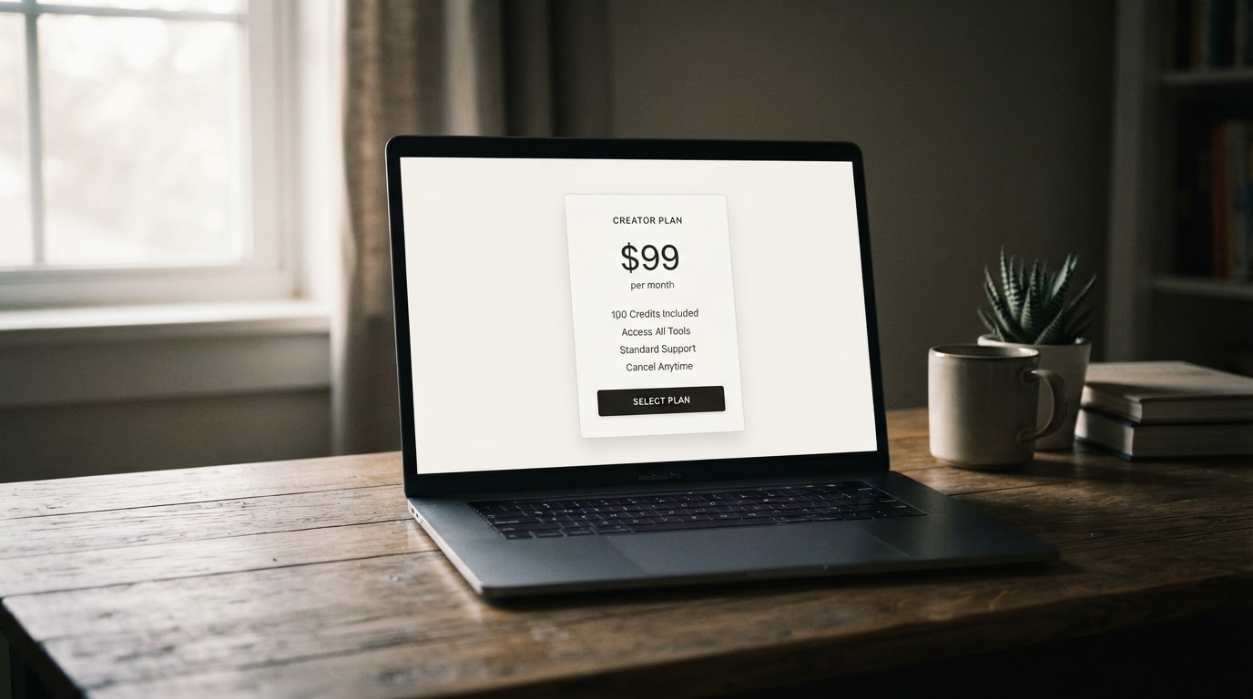Clean pricing page on a laptop screen showing a single subscription card with the text '$99 per mont