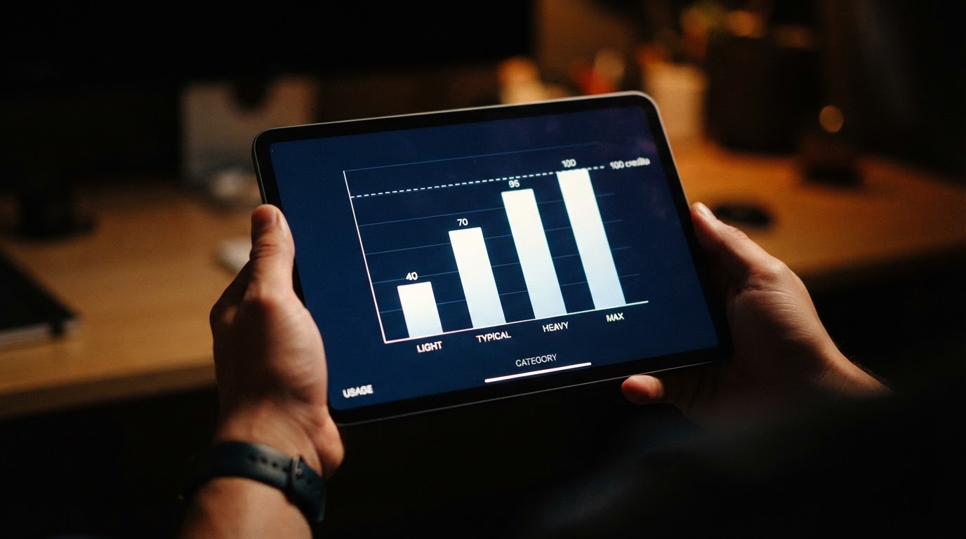 Simple bar chart illustration on a tablet showing four rising bars labeled 'Light', 'Typical', 'Heav