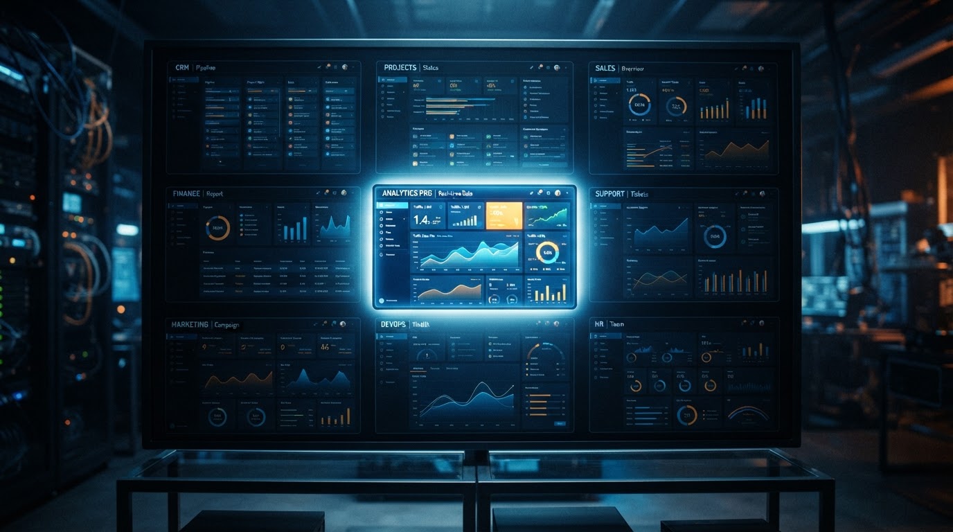 Split-screen comparison of nine software dashboards arranged in a grid, clean modern SaaS interface,