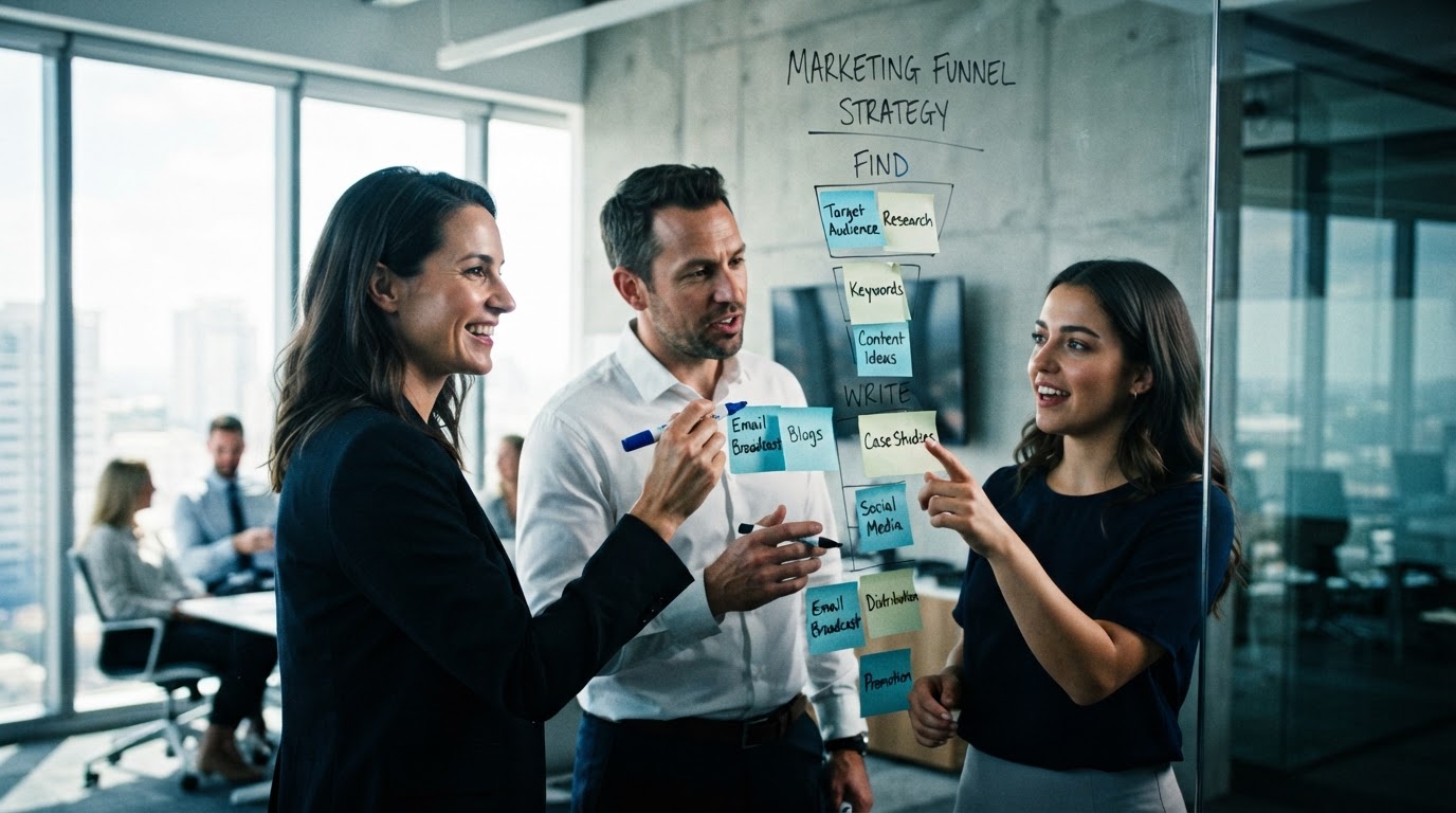 Three business professionals at a whiteboard mapping a marketing funnel with sticky notes labeled 'F