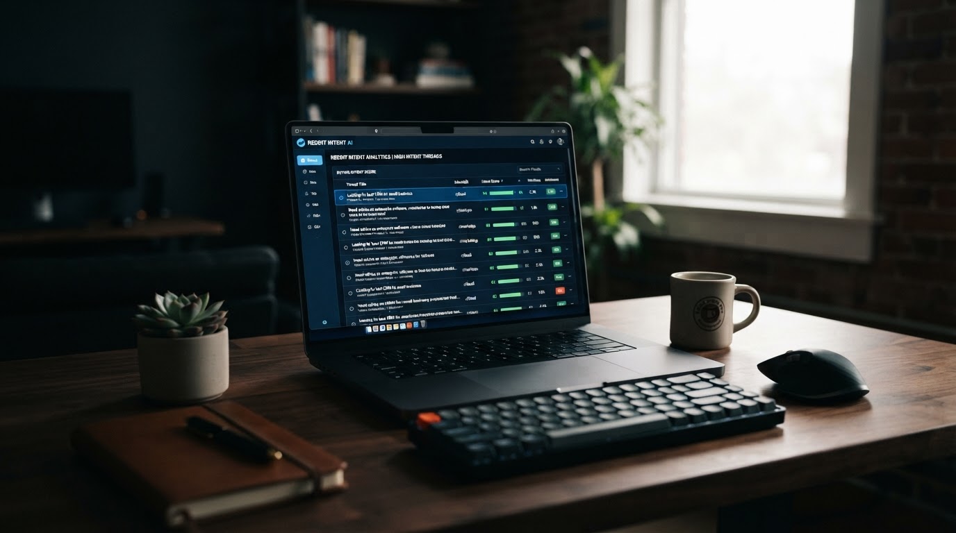 Clean software dashboard on a laptop screen showing a list of Reddit threads ranked by a buying-inte