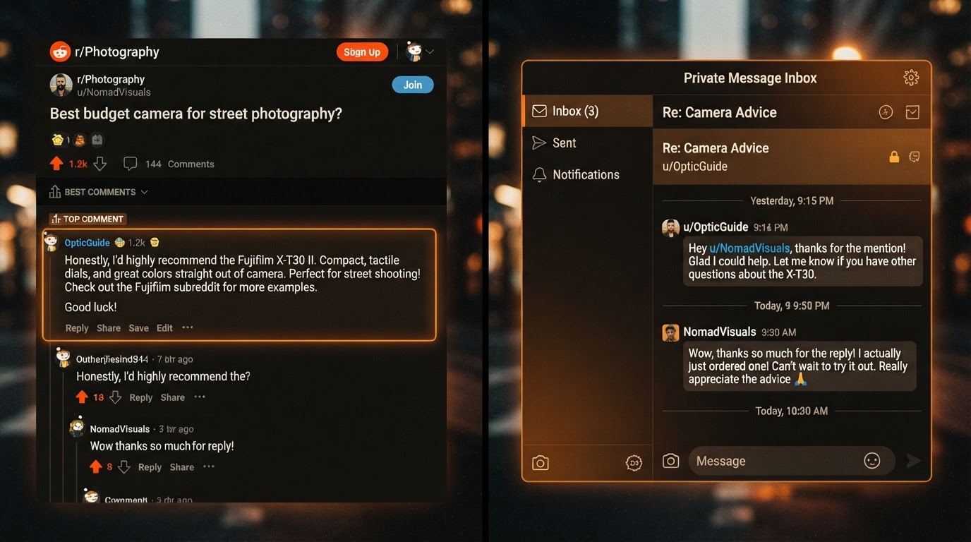 Split-screen illustration of a Reddit thread on the left with a highlighted helpful top comment, and