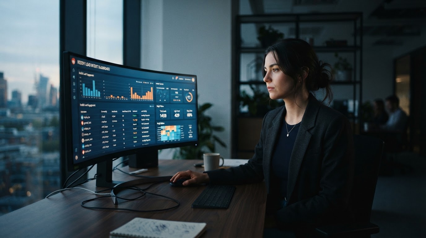 Marketing analyst reviewing a Reddit lead dashboard on a widescreen monitor showing intent scores an
