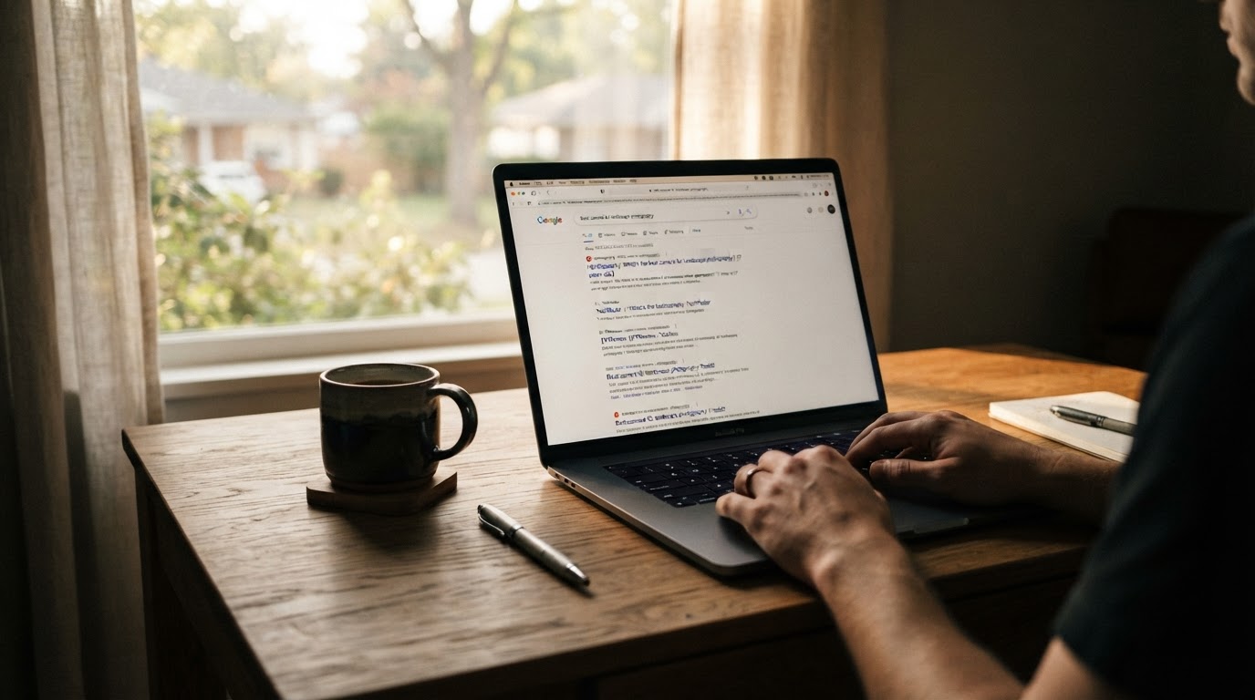 Laptop screen showing a Google search results page with a Reddit thread ranked at position one, a co