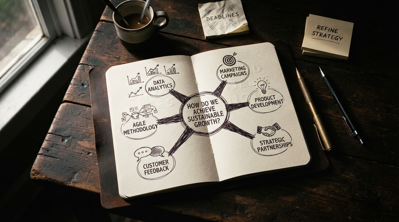 Overhead flat lay of a notebook with a hand-drawn diagram showing a question in a circle connected t