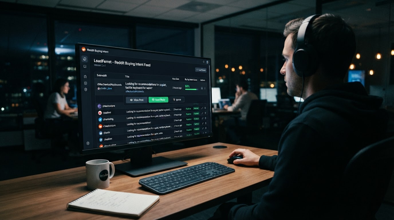 Clean software dashboard on a monitor showing a list of Reddit posts with buying-intent scores and a