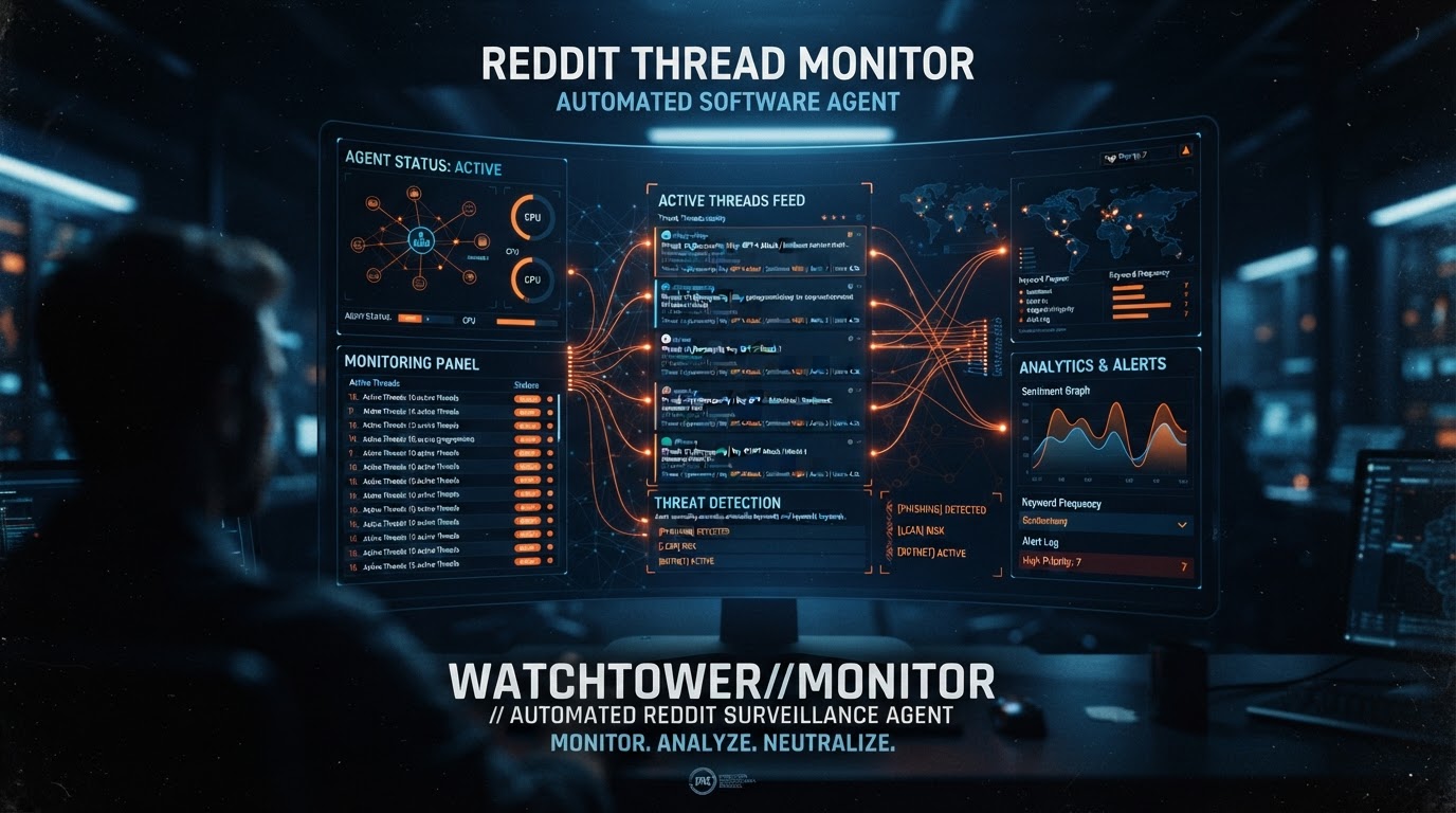 Automated software agent concept showing a glowing dashboard monitoring multiple Reddit threads, dar