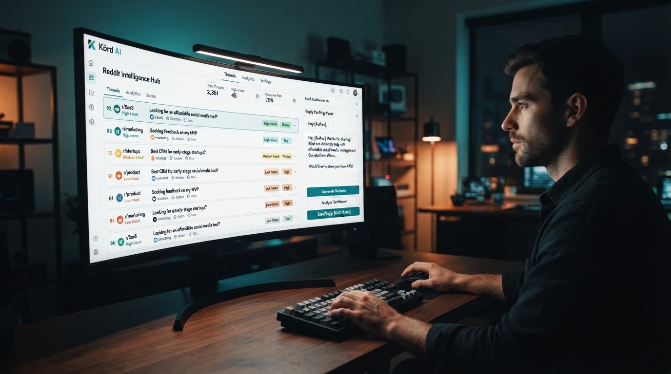 SaaS dashboard displaying a ranked list of Reddit threads with colored intent scores, a reply drafti