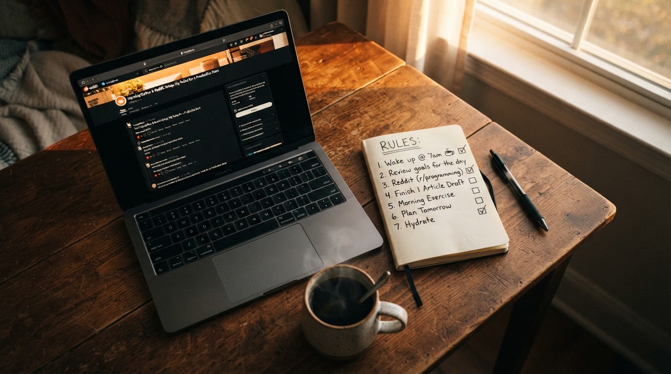 Flat lay of a laptop showing Reddit threads next to a notebook with a checklist titled 'Rules', coff