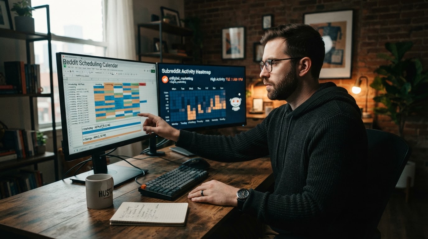 Marketer at a dual-monitor desk reviewing a Reddit scheduling calendar and a subreddit activity heat