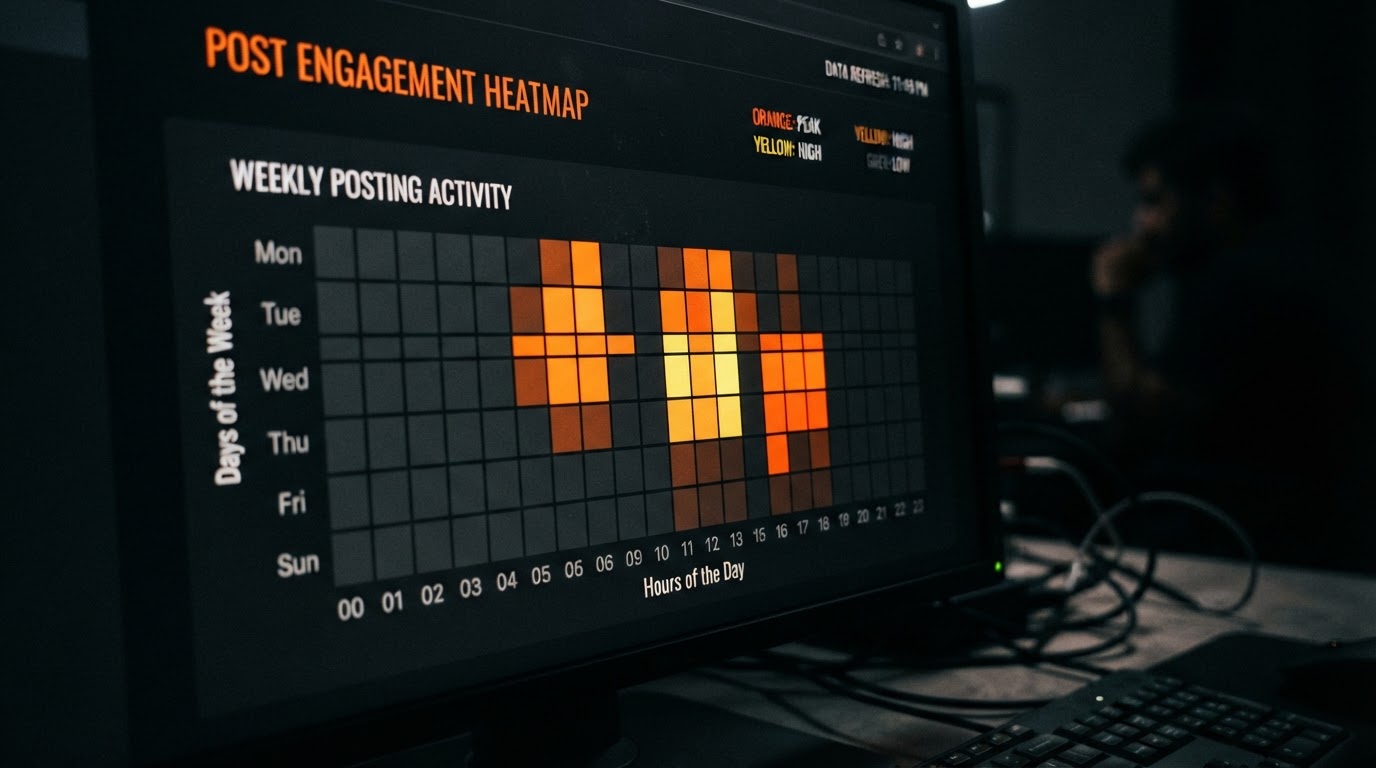 Close-up of a weekly activity heatmap chart showing peak posting hours in bright orange cells agains
