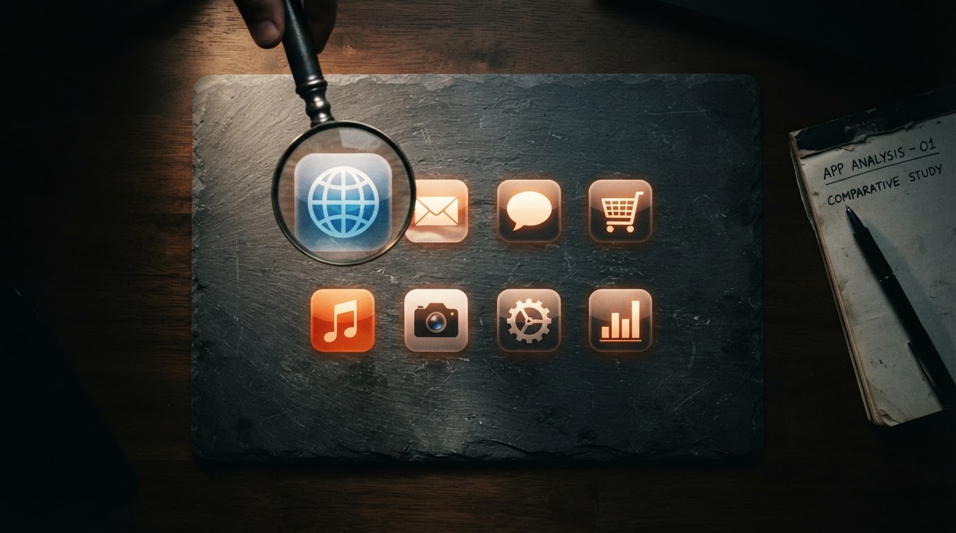 Flat-lay comparison concept showing eight app icons arranged in a grid on a slate surface with a mag