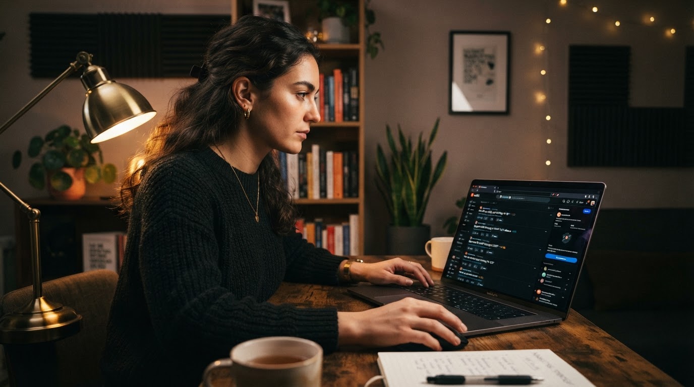 Marketer studying Reddit threads on a laptop screen filled with discussion posts and upvote arrows,