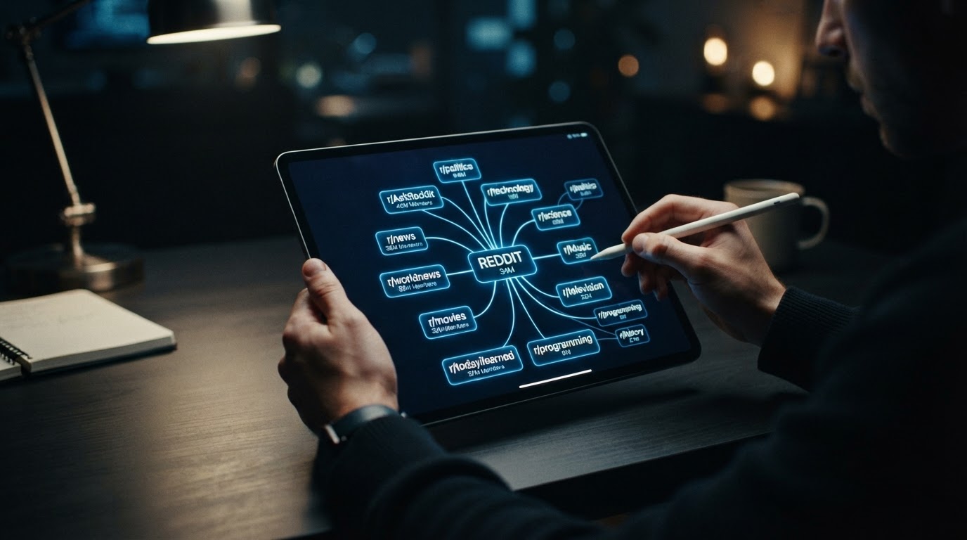 Organized digital mind map on a tablet screen showing connected subreddit names as nodes with member