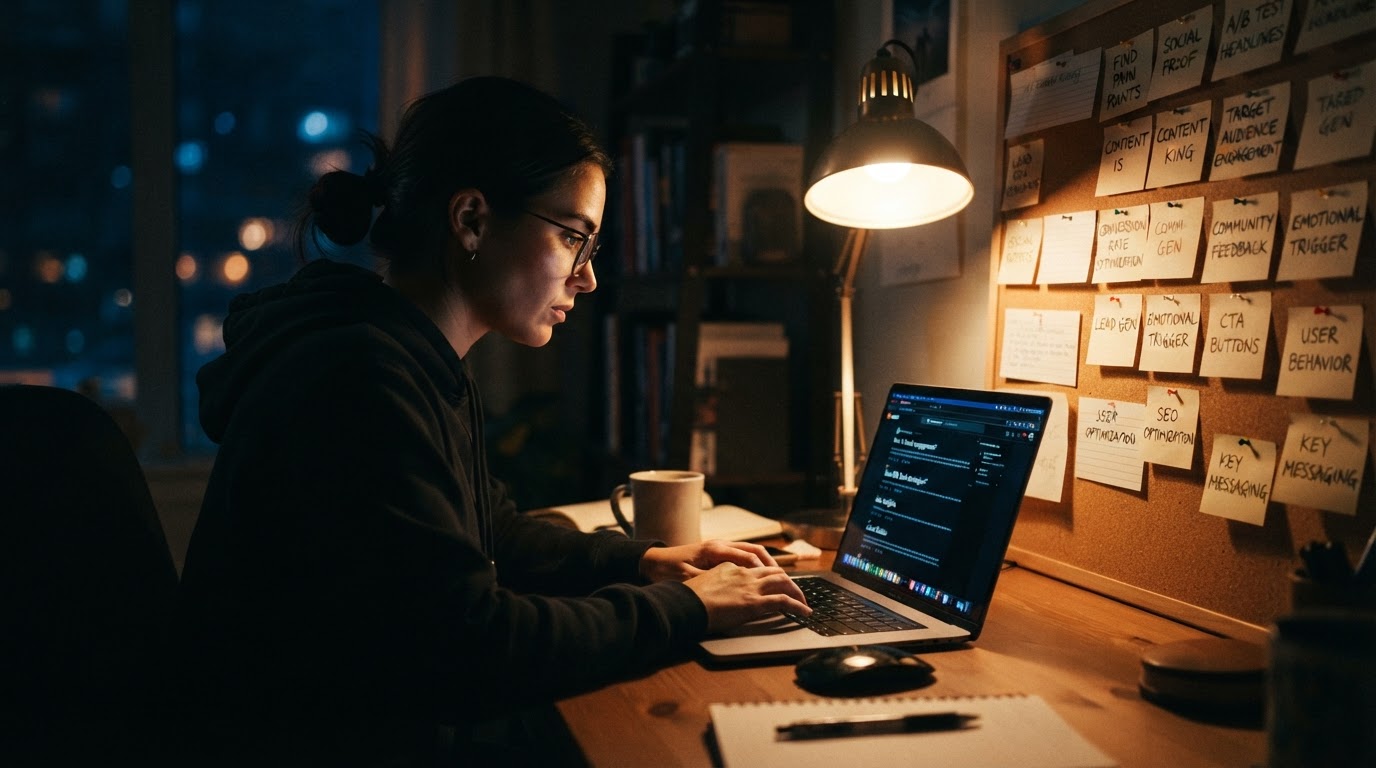 Marketer studying Reddit threads on a laptop with sticky notes of phrases pinned to a corkboard besi