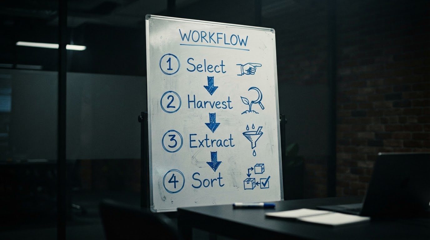 Clean four-step workflow diagram on a whiteboard reading 'Select, Harvest, Extract, Sort', simple ha