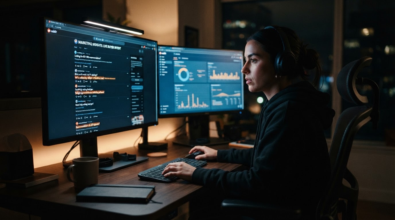 Marketing operator at a dual-monitor desk watching a live Reddit thread feed with buyer-intent conve