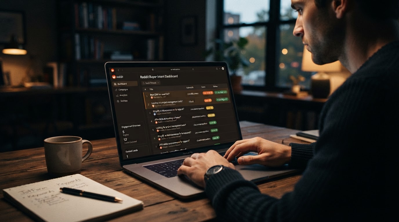 Clean SaaS dashboard on a laptop screen showing a ranked list of Reddit threads tagged with buyer-in