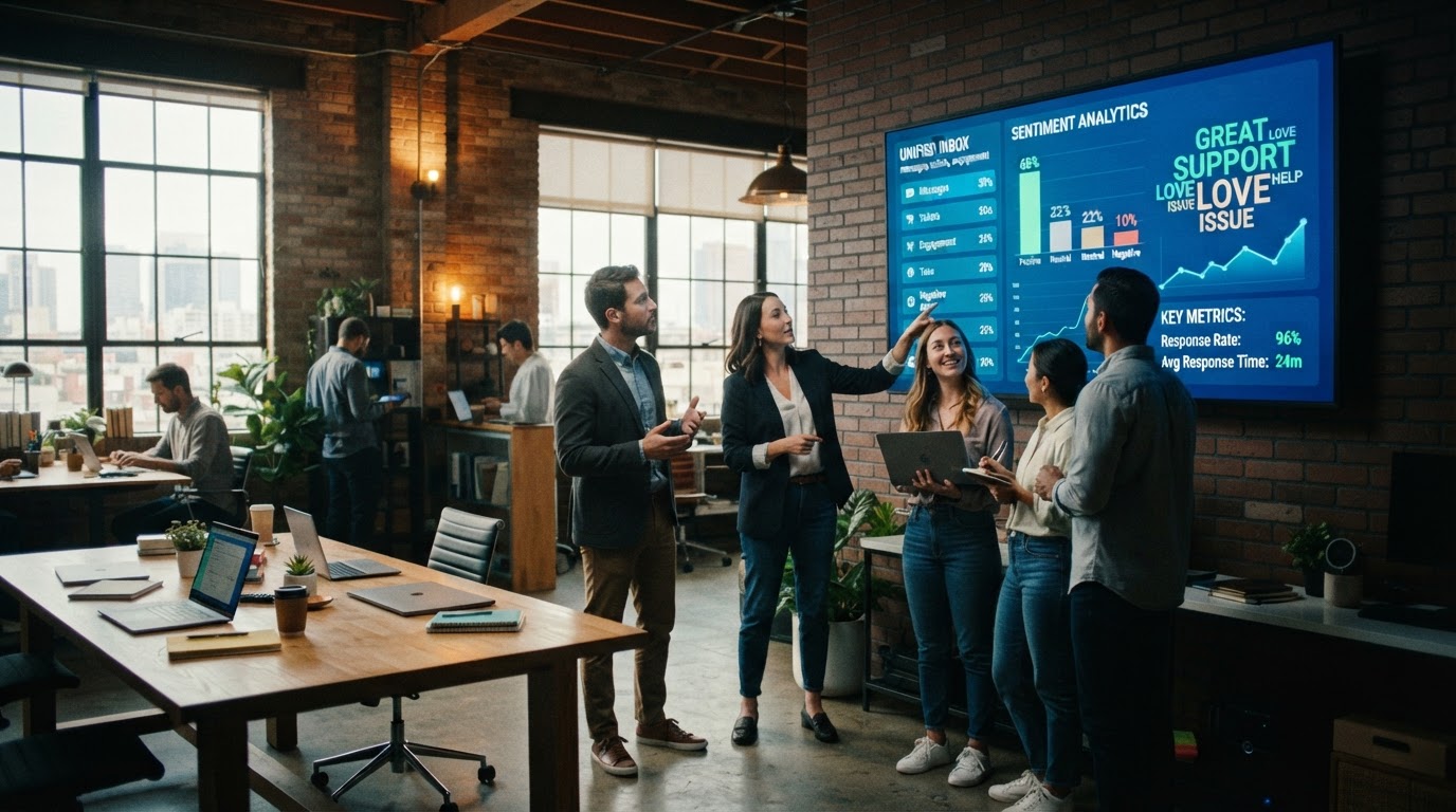 Social media team reviewing a unified inbox and sentiment analytics on a large wall monitor in a bri