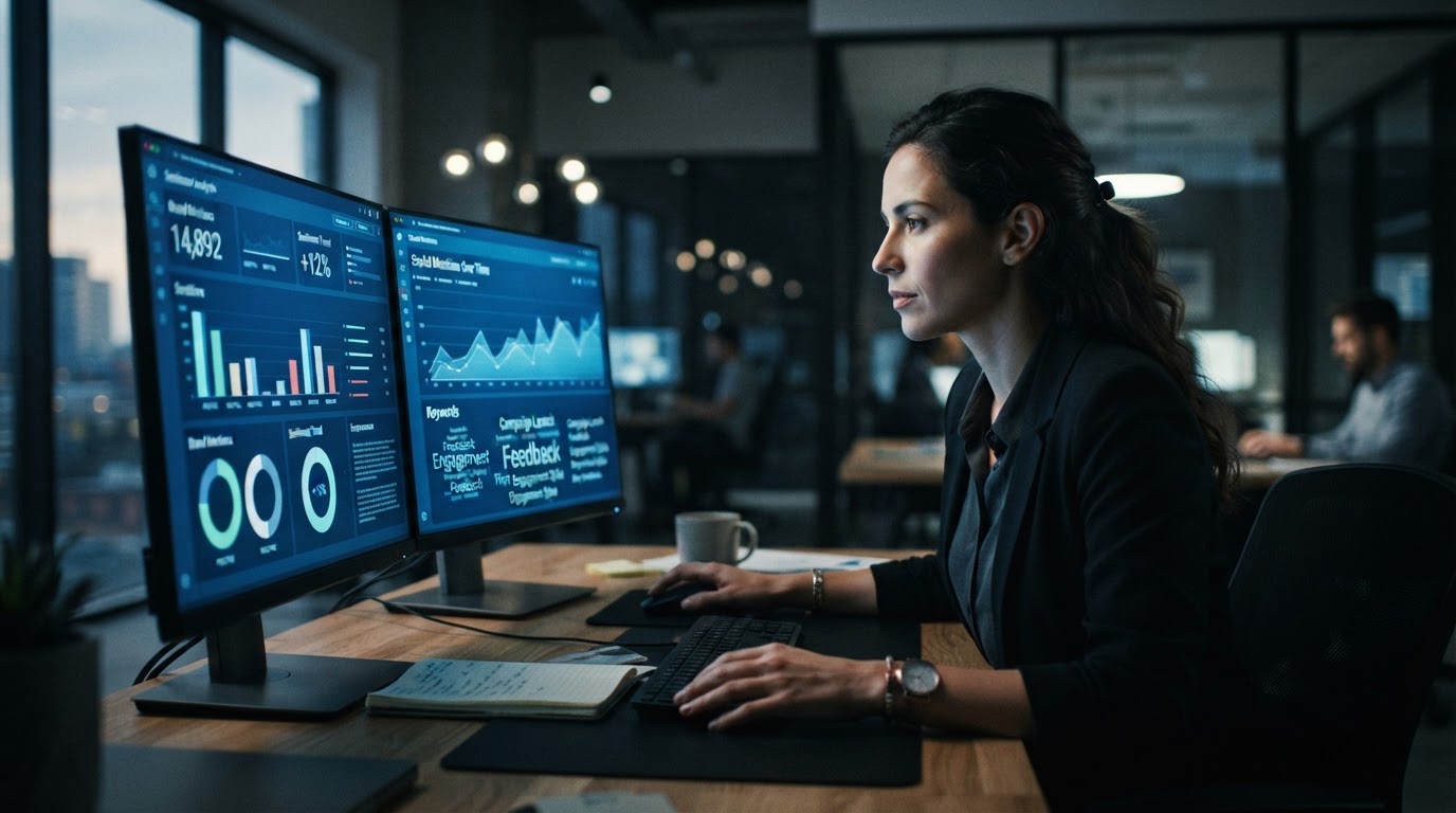 Marketing strategist comparing social listening dashboards on dual monitors, modern office with soft
